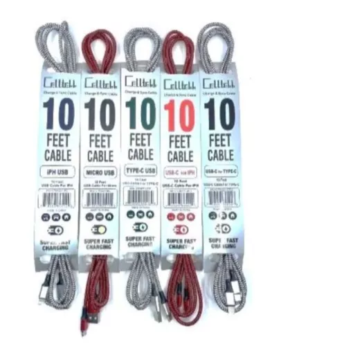 Celltekk 10ft charger USB Cable For Micro 10pcs
