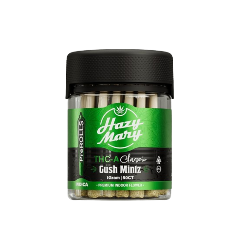 Hazy Mazy THCA Prerolls 1gm 50ct jar Gush Mintz {indica}